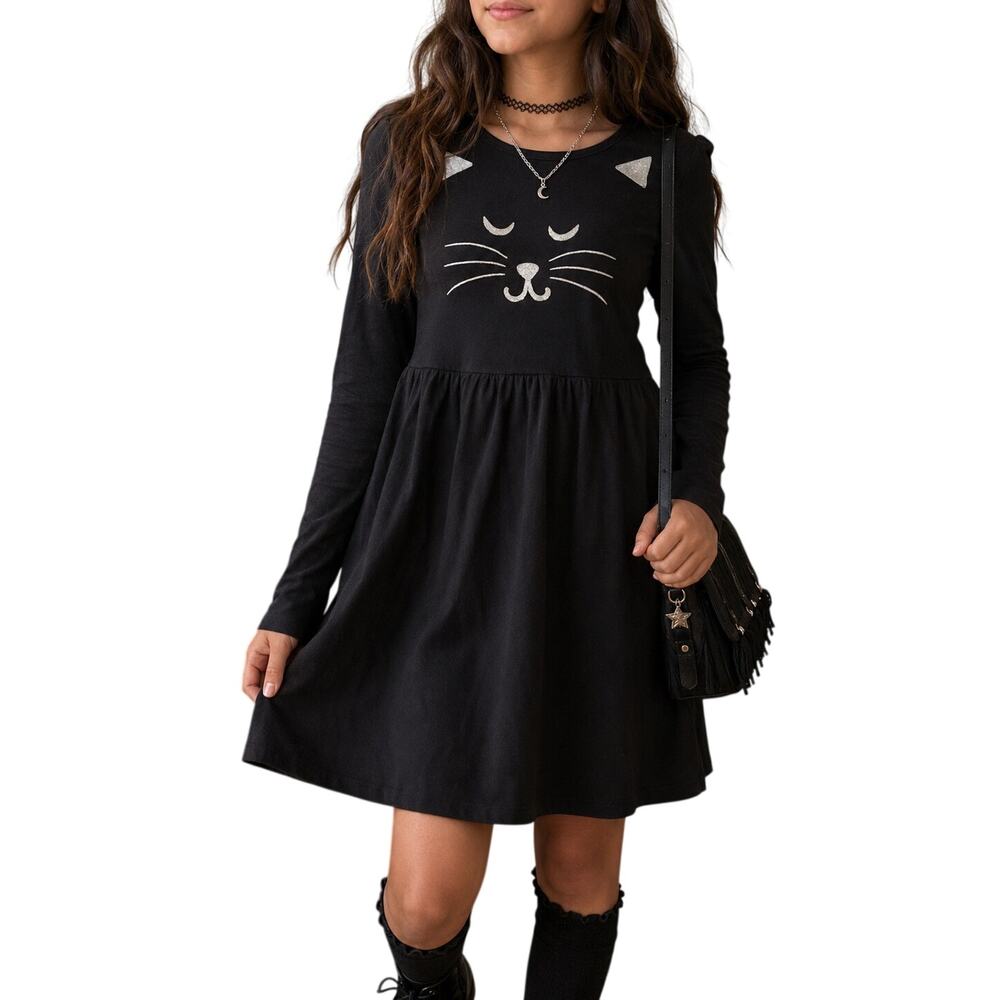 Hanna Andersson Black Cat Dress Girls 12 Long Sleeve Whimsigoth Witchy